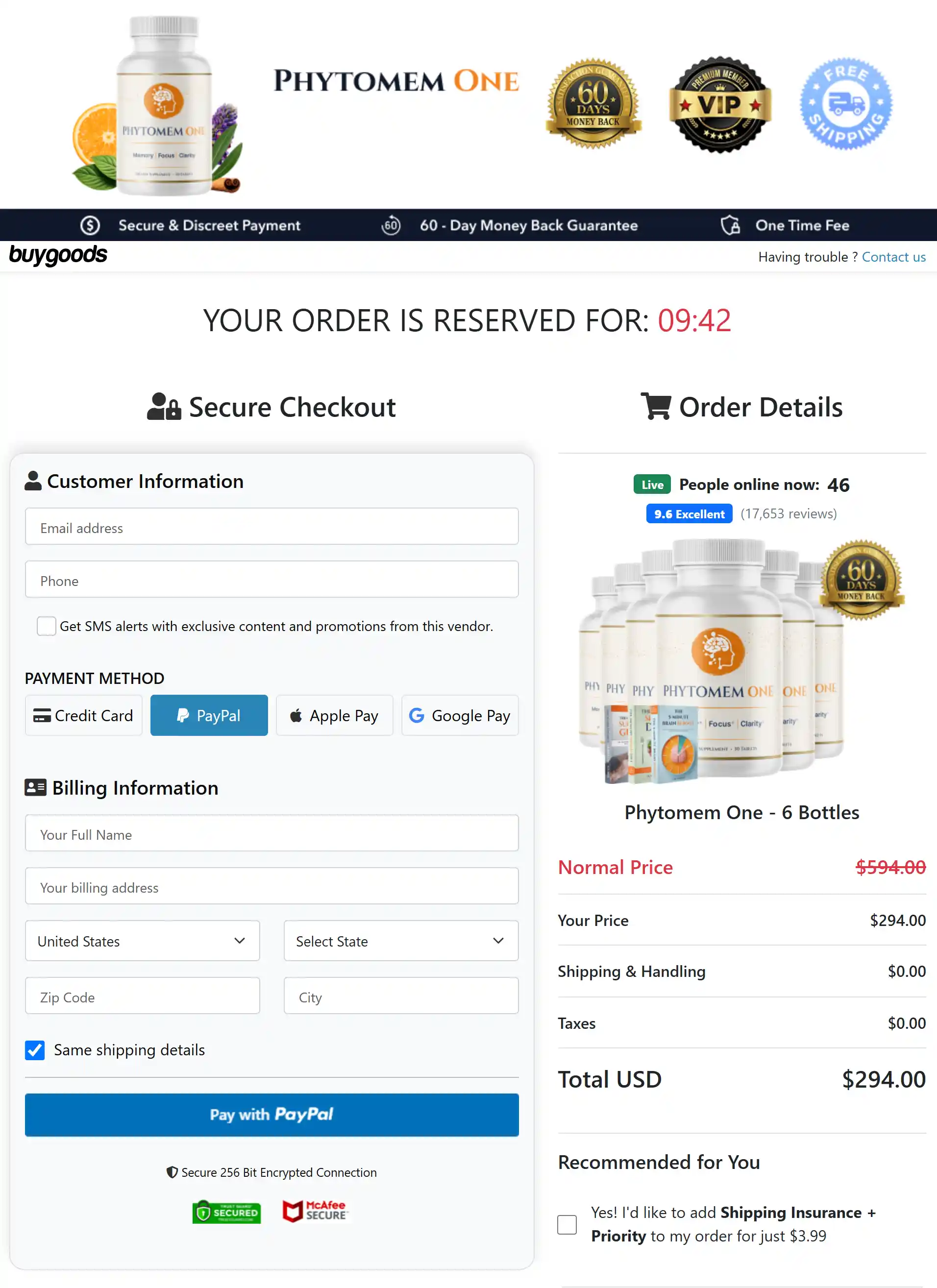 Phytomem One™ checkout page